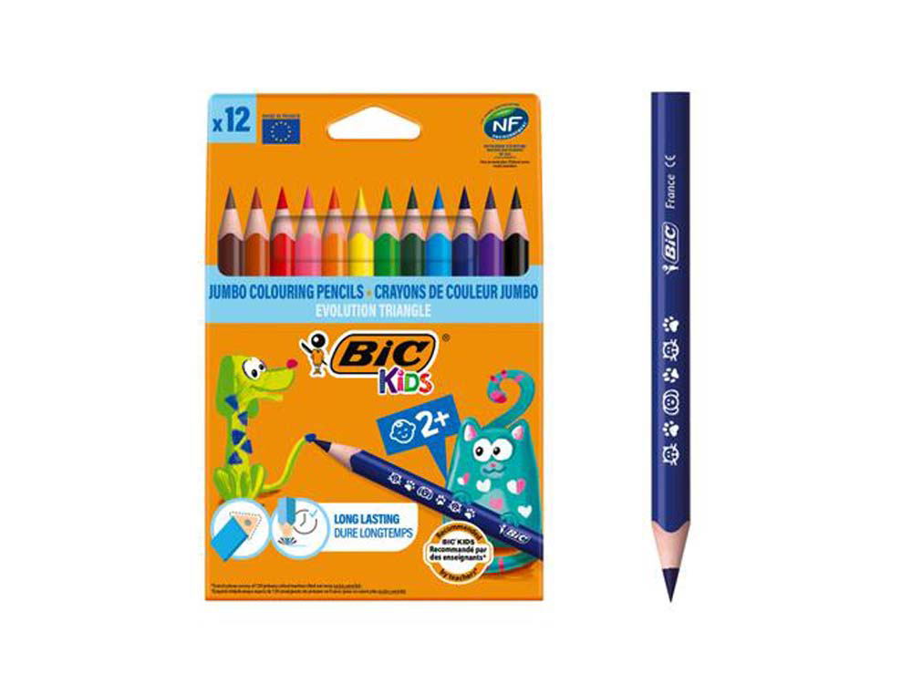 Crayon couleur bic kids evolution résine synthèse 140mm triangle gros module résiste mordillage étui carton 12 unités