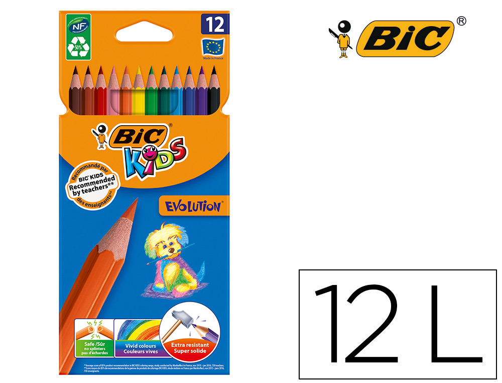 Crayon couleur bic kids evolution résine synthèse 175mm mine résistante résiste mordillage étui carton 12 unités