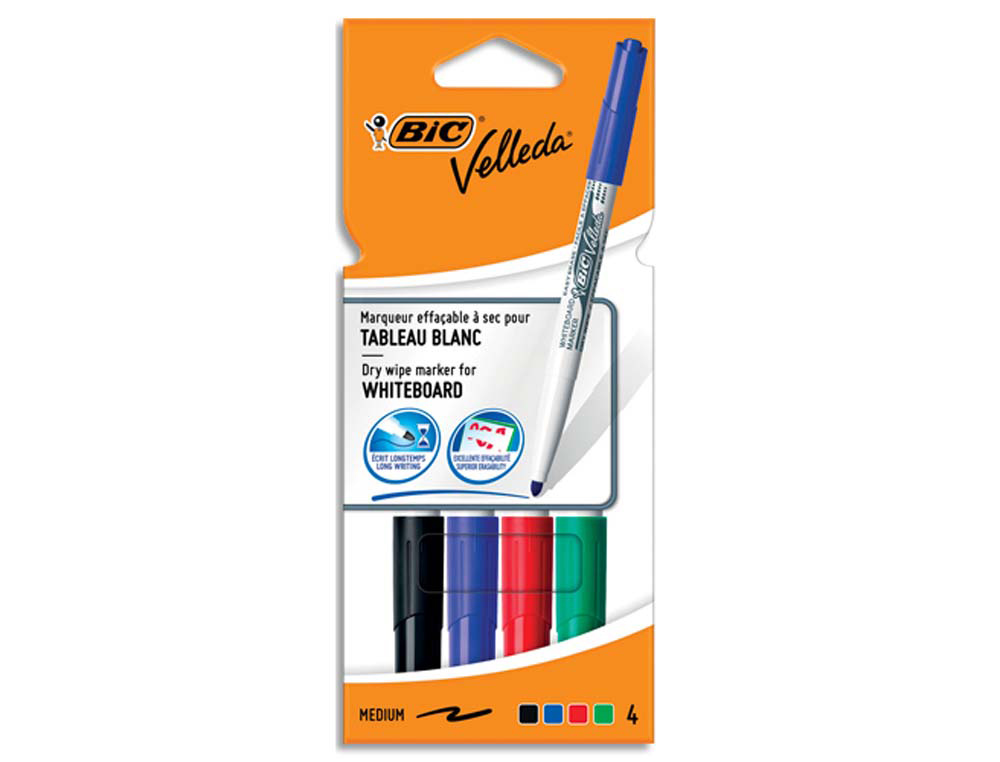 Marqueur bic velleda 1741 effaçable pointe ogive tracé 2mm encre cétone format stylo grande longévité pochette 4 unités
