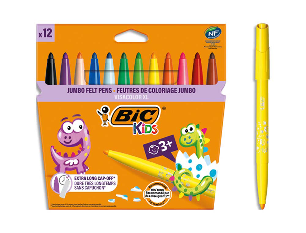 Feutre coloriage bic kids visacolor xl encre lavable pointe extra-large bloquée couleurs très vives étui carton 12u