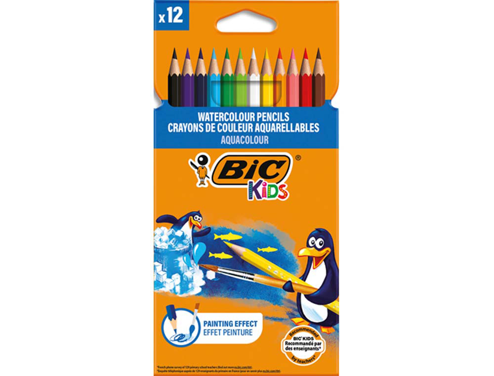 Crayon bic kids aquacouleur hexagonal mine aquarelle très pigmentée effet peinture aquarelle couleurs vives étui 12u