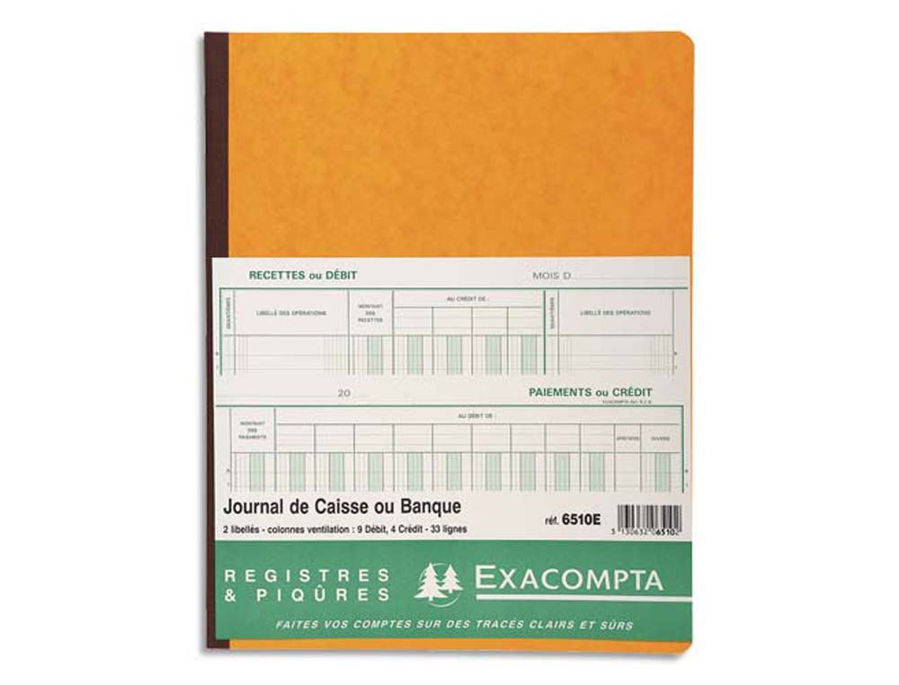 Journal exacompta caisse/banque 250x320mm vertical 33 lignes 80 pages 2 libellés 9 débits 4 crédits