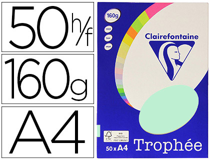Papier couleur clairefontaine trophée personal paper pack a4 160g/m2 vert pastel paquet 50 feuilles unicolores
