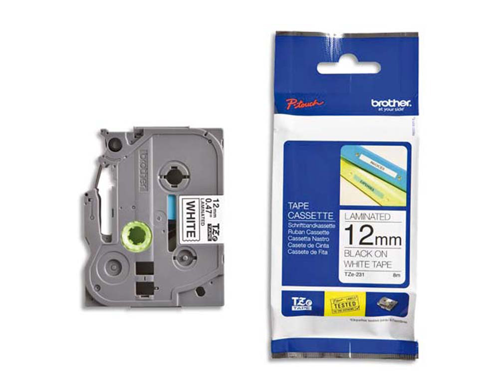 Ruban laminé tze pour titreuse brother p-touch tze231 12mm coloris impression noir/blanc