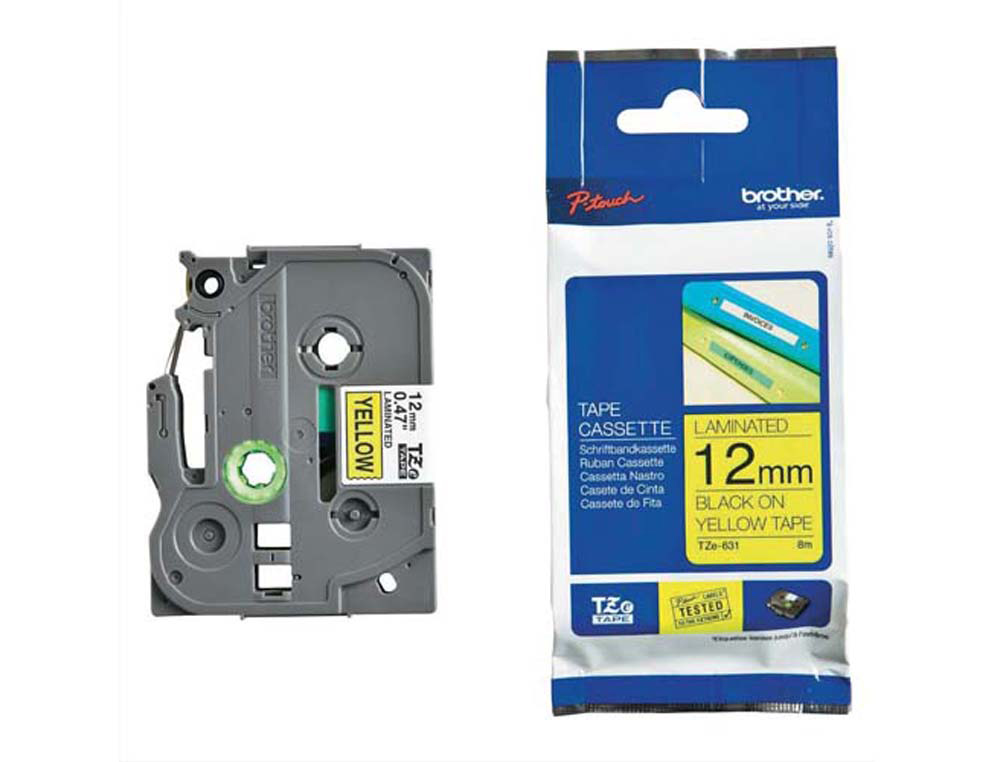 Ruban laminé tze pour titreuse brother p-touch tze631 12mm coloris impression noir/jaune