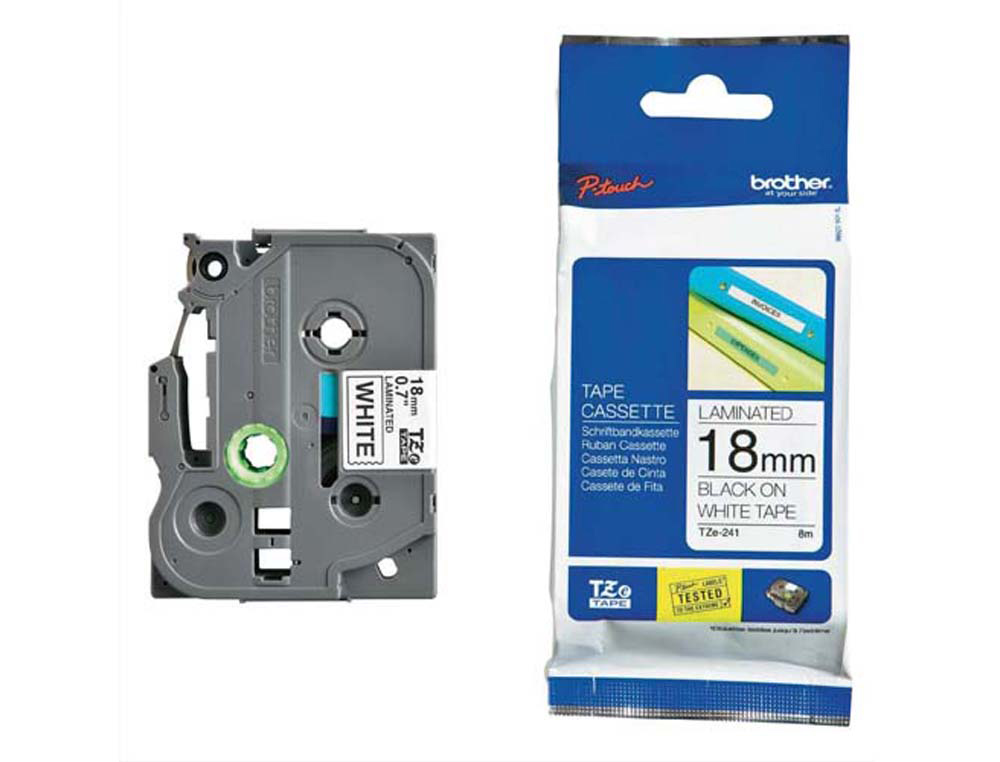 Ruban laminé tze pour titreuse brother p-touch tze241 18mm coloris impression noir/blanc