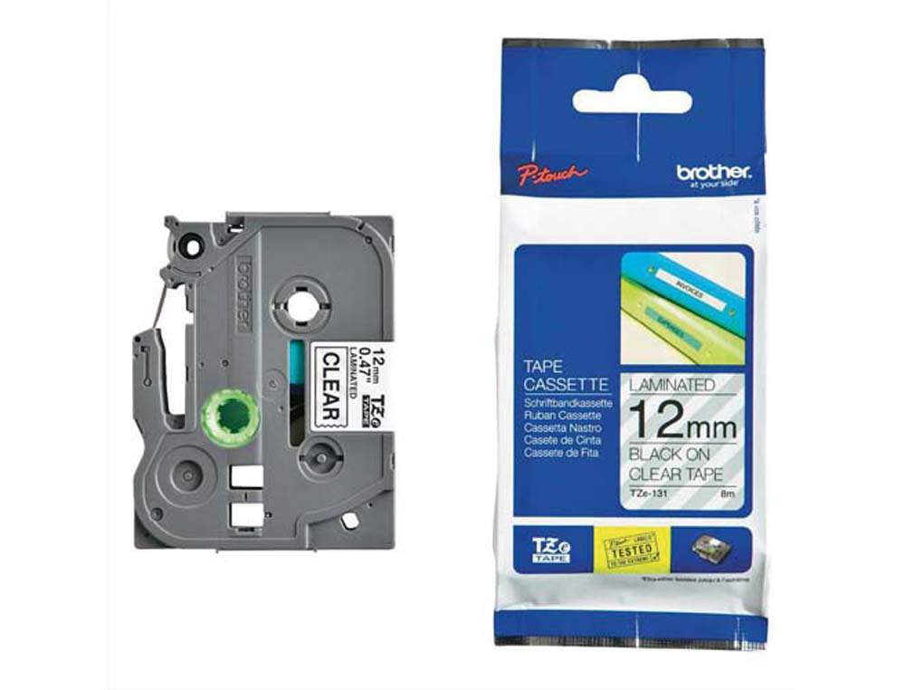 Ruban laminé tze pour titreuse brother p-touch tze131 12mm coloris impression noir/transparent