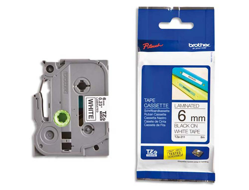 Ruban laminé tze pour titreuse brother p-touch tze211 6mm coloris impression noir/blanc