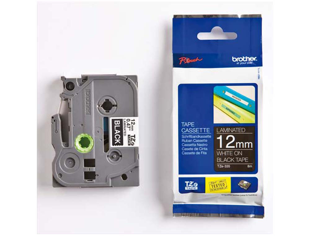 Ruban laminé tze pour titreuse brother p-touch tze335 12mm coloris impression blanc/noir