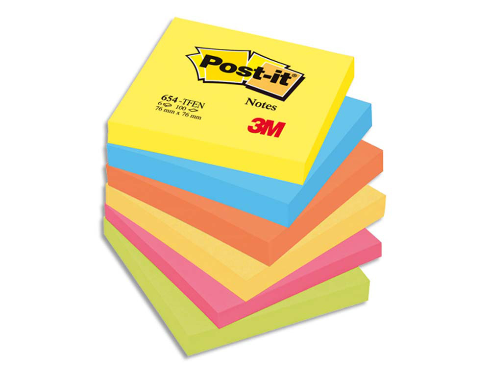 Bloc-notes post-it couleurs énergiques 76x76mm 100f repositionnables 5 coloris assortis 6 blocs  7100296019