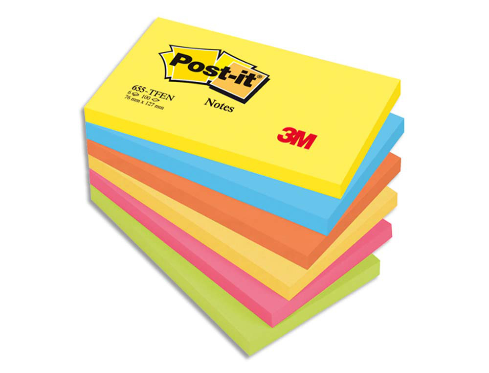 Bloc-notes post-it couleurs énergiques 76x127m 100f repositionnables 5 coloris assortis 6 blocs