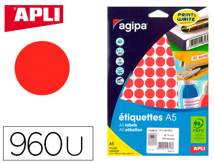 Pastille adhésive apli agipa diamètre 15mm coloris rouge étui a5 pochette 960 unités