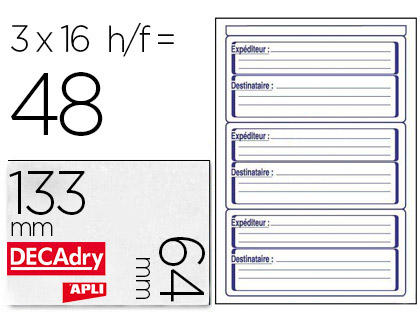 Étiquette adhésive courrier apli agipa expéditeur-destinataire 64x133mm étui format a5 48 unités