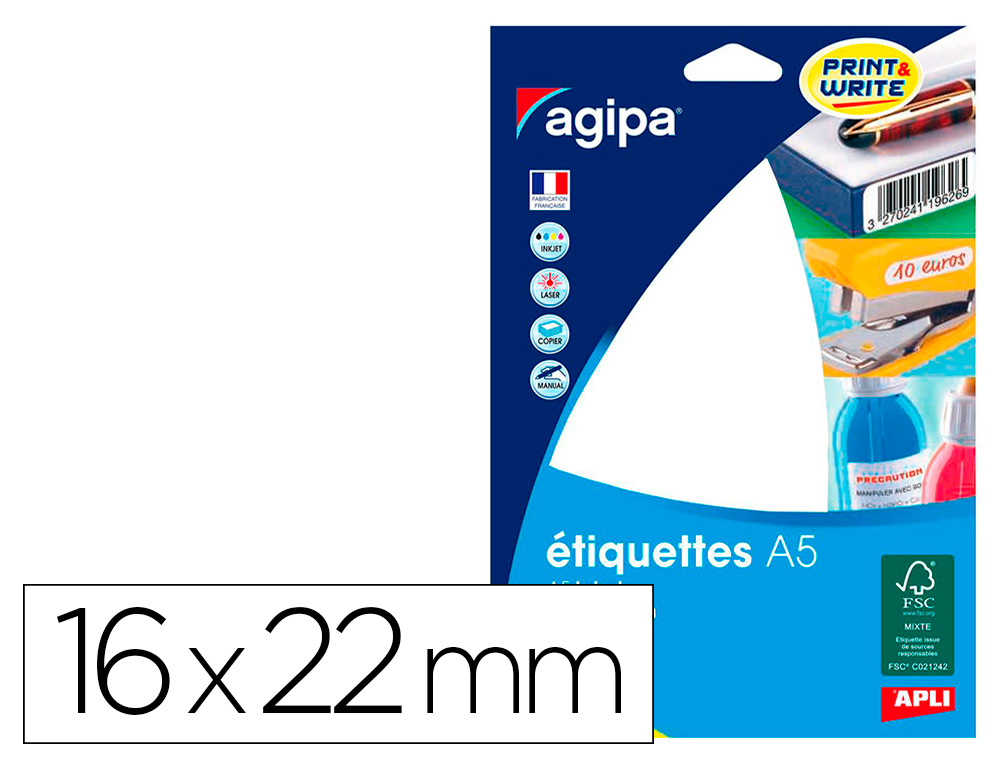 Étiquette adhésive apli agipa multi-usage 16x22mm laser jet d'encre formats paramétrés étui a5 1152 unités