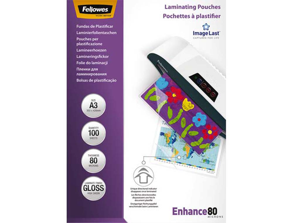 Pochette plastification fellowes à chaud polyester transparent résistant eau format a3 80 microns boîte 100 unités