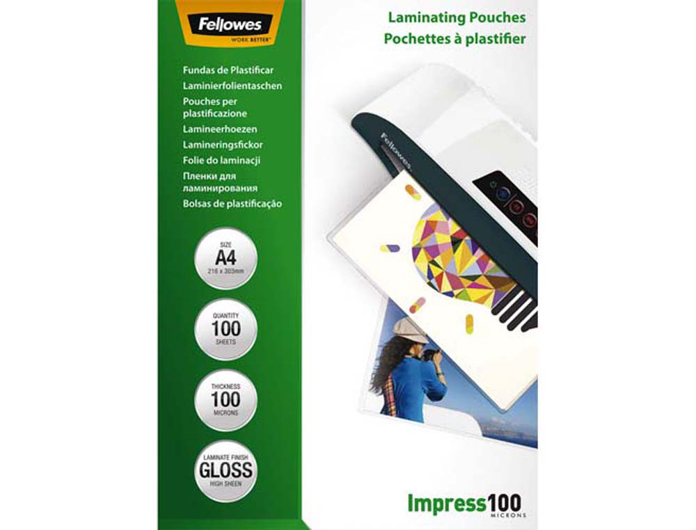 Pochette plastification fellowes à chaud polyester transparent résistant eau format a4 100 microns boîte 100 unités