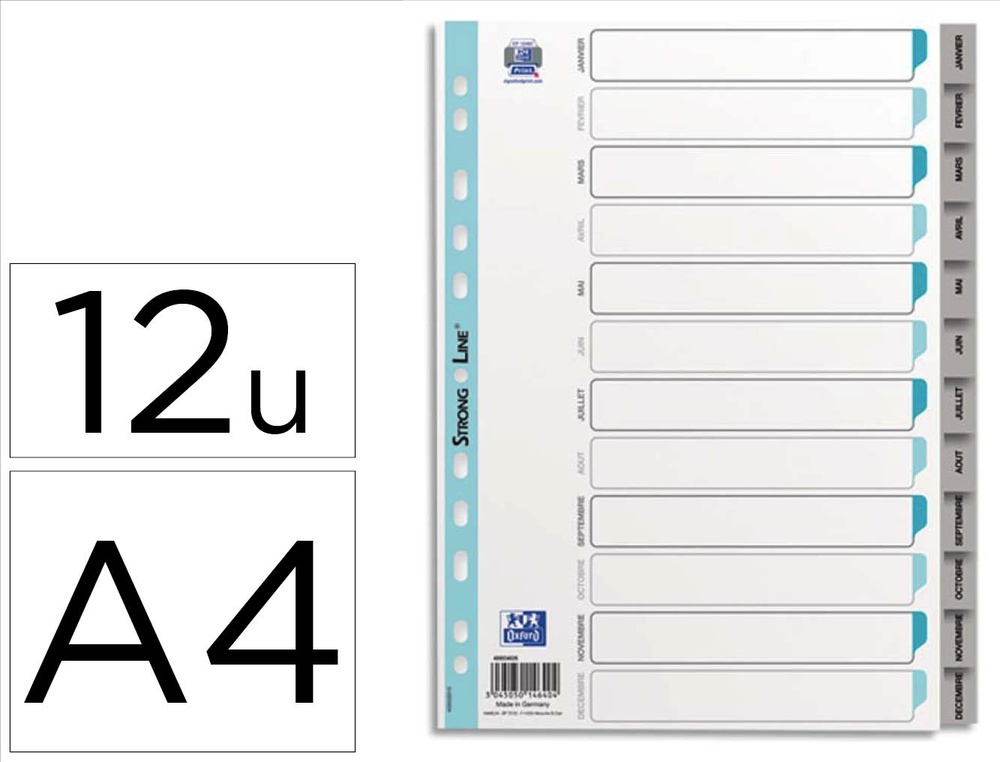 Intercalaire oxford polypropylène souple gris 12 positions a4 210x297mm désignation mensuel onglets bicolores