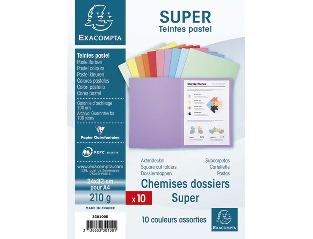 Chemise exacompta super carte 240x320mm 210g coloris assortis pack 10 unités