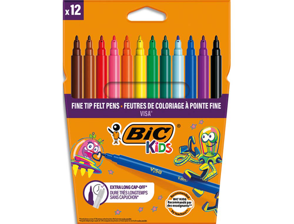 Feutre bic kids visa coloriage encre lavable capuchon ventilé pointe bloquée ultra-résistante étui carton 12 unités