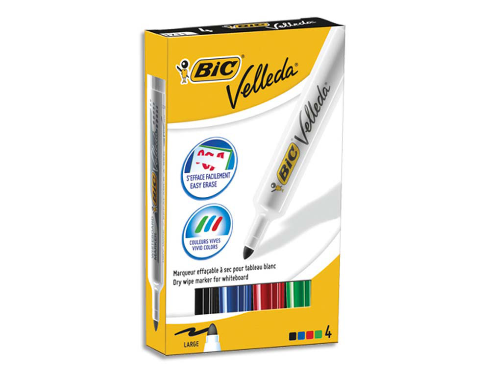 Marqueur bic velleda 1711 effaçable pointe ogive tracé 2mm corps plastique encre cétone boîte 4 unités