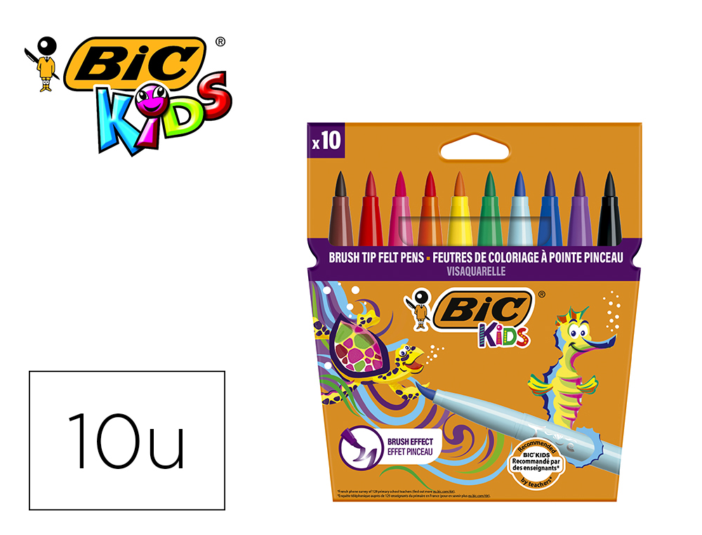 Feutre bic kids visaquarelle encre lavable pointe pinceau extra-souple bloquée couleurs très vives étui carton 10u
