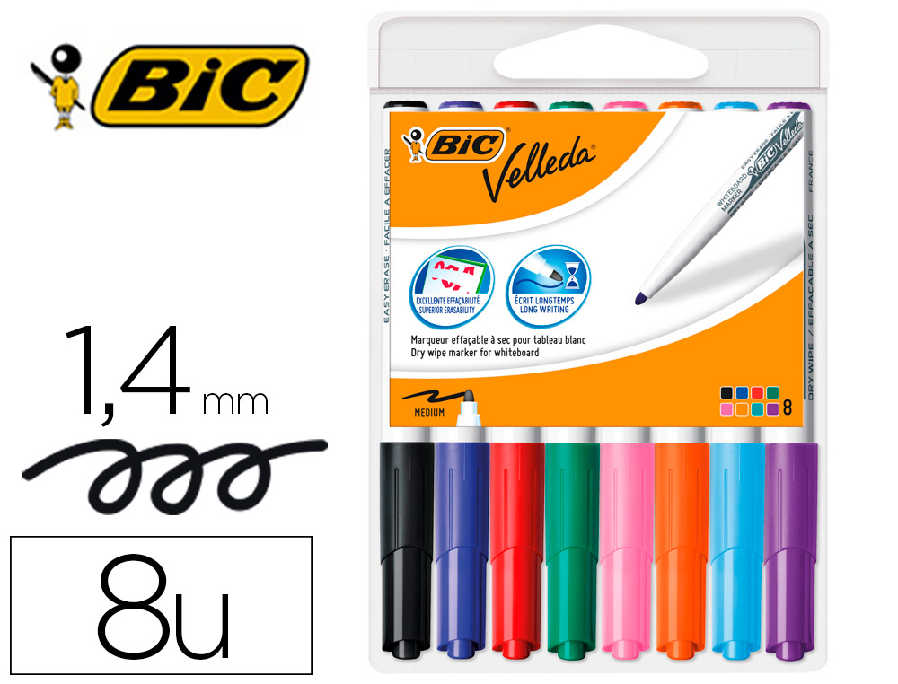 Marqueur bic velleda 1741 effaçable pointe ogive tracé 2mm encre cétone format stylo grande longévité pochette 8 unités