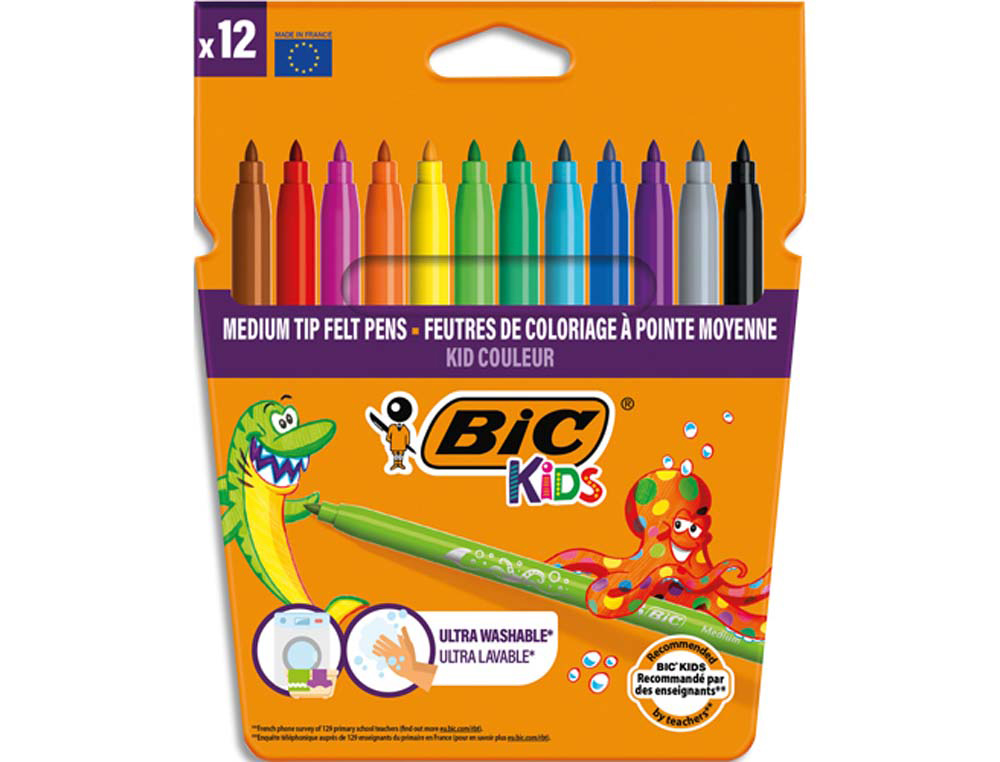 Feutre bic kids coloriage encre ultra-lavable capuchon ventilé pointe bloquée décor fantaisie pochette 12 unités
