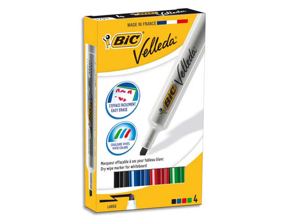 Marqueur bic velleda 1791 effaçable pointe biseautée tracé 2/5mm corps plastique encre cétone boîte 4 unités