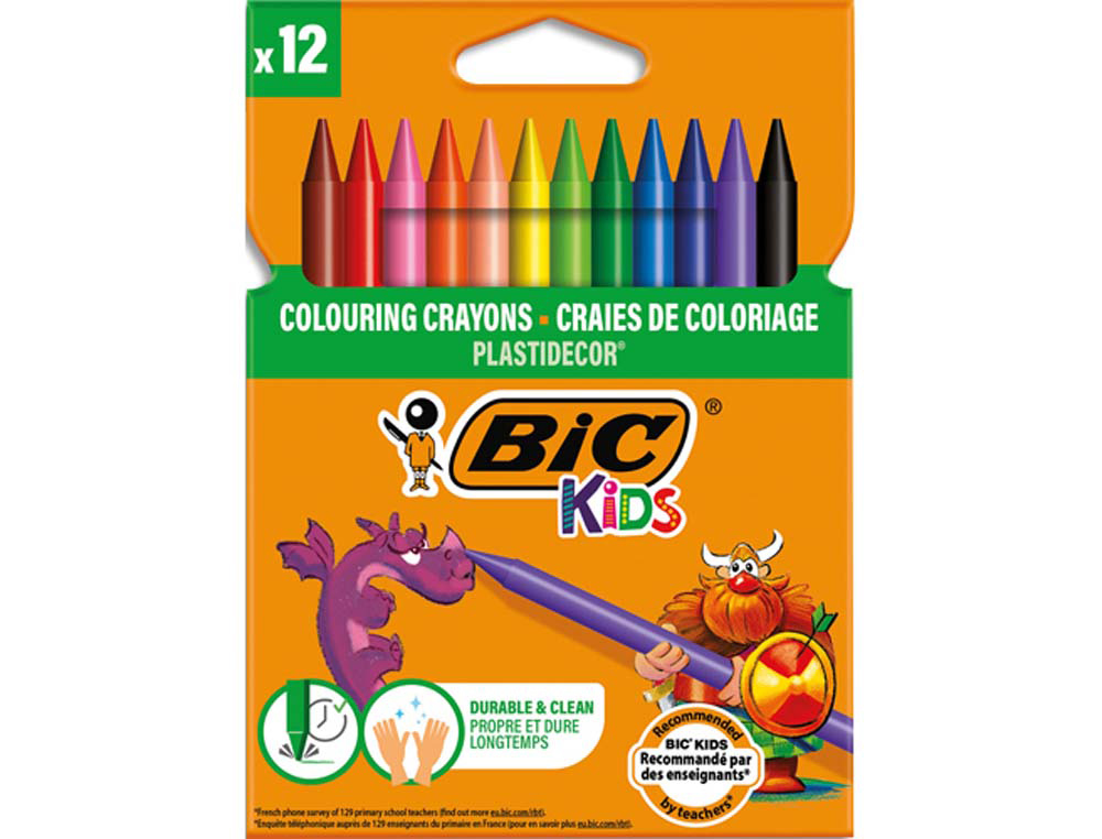 Crayon cire bic kids plastidécor 120mm résistant non salissant étui carton 12 unités