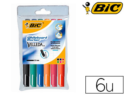 Marqueur bic velleda 1741 effaçable pointe ogive tracé 2mm encre cétone format stylo grande longévité pochette 6 unités