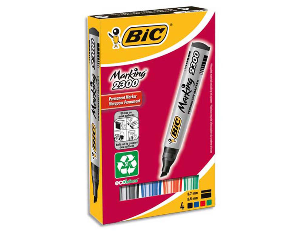Marqueur bic permanent marking 2300 pointe biseautée tracé 3/5mm corps plastique encre base alcool boîte 4 unités