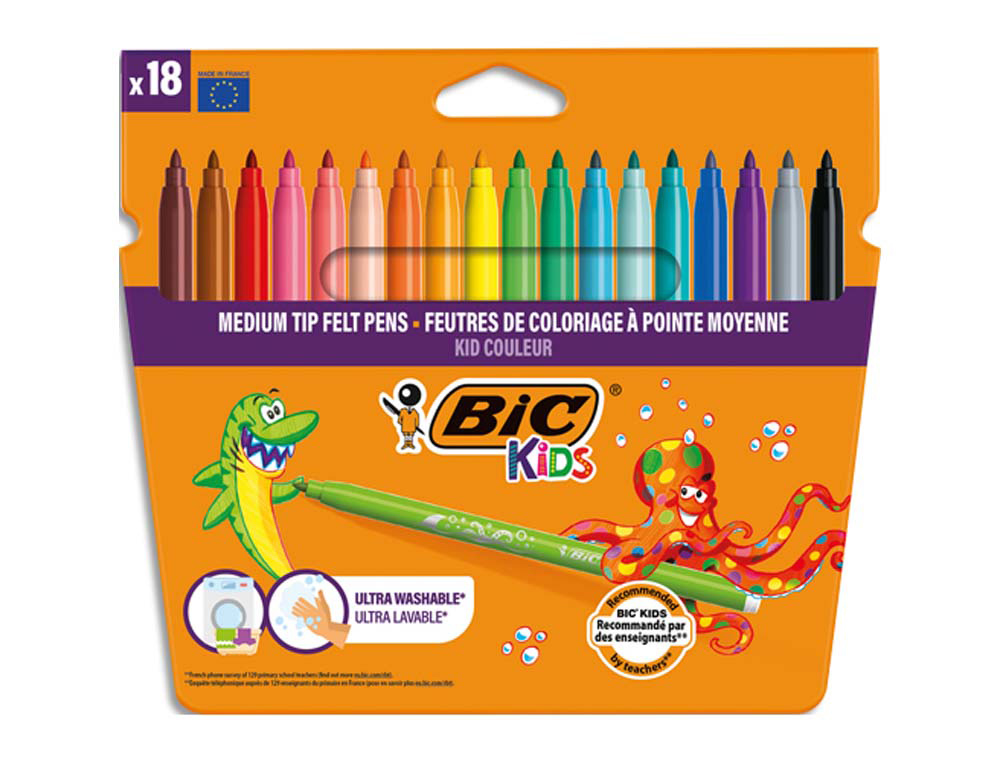 Feutre bic kids coloriage encre ultra-lavable capuchon ventilé pointe bloquée décor fantaisie pochette 18 unités