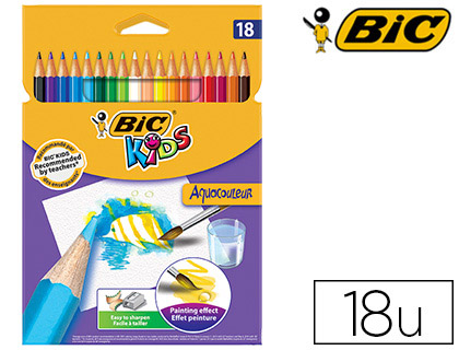 Crayon bic kids aquacouleur hexagonal mine aquarelle très pigmentée effet peinture aquarelle couleurs vives étui 18u