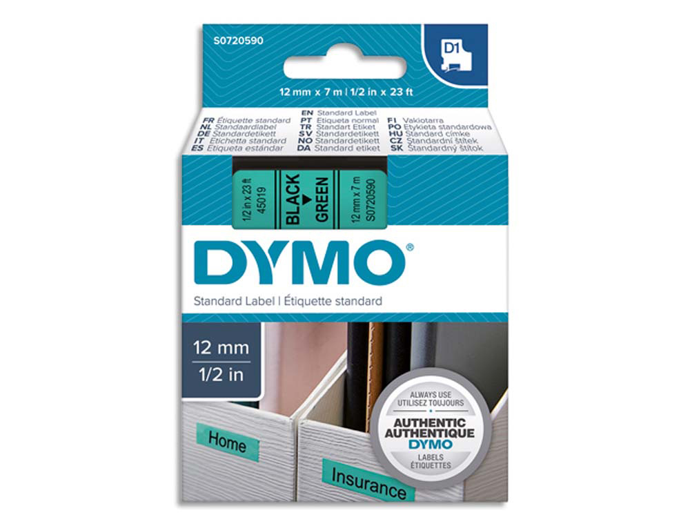 Ruban titreuse dymo d1 12mmx7m coloris impression noir/vert