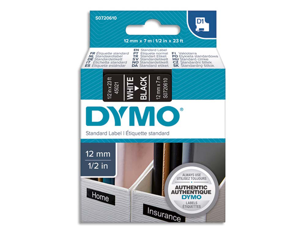Ruban titreuse dymo d1 12mmx7m coloris impression blanc/noir