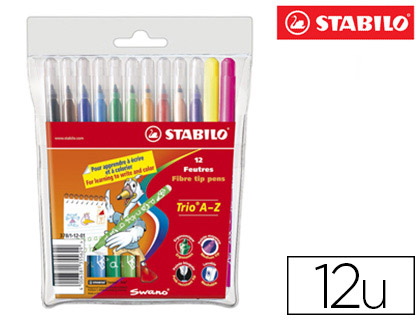 Feutre coloriage stabilo trio triangulaire encre super lavable pointe moyenne pochette 12 unités dont 2 fluos