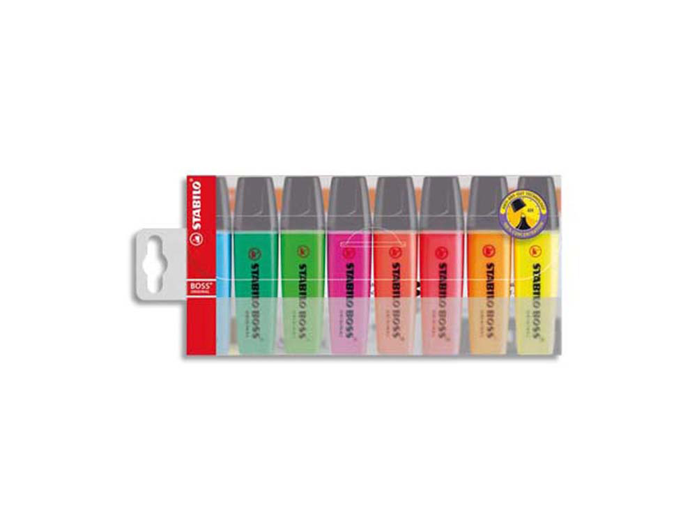 Surligneur stabilo boss tracé 2/5mm pointe biseautée encre universelle base eau résistante lumière pochette 8 unités