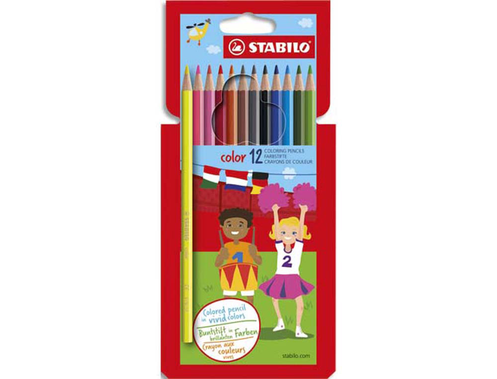 Crayon couleur stabilo color bois hexagonal 175mm facile à tailler couleurs denses fluo pochette 12 unités