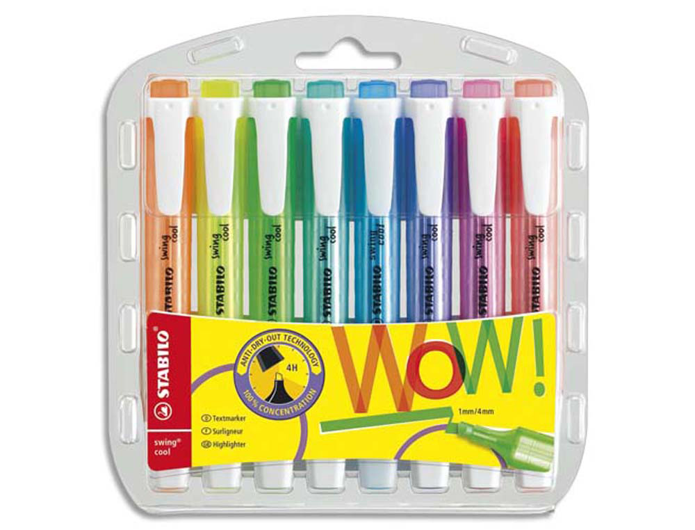 Surligneur stabilo swing cool modèle de poche avec agrafe tracé 1/3mm encre liquide pigmentée visible pochette 8 unités