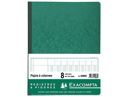 Registre piqûre exacompta colonnes 250x320mm 33 lignes 8 colonnes/page 80 pages