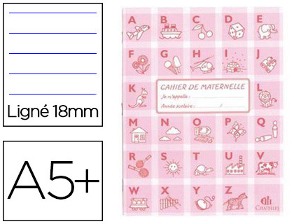 Cahier clairefontaine maternelle couverture carte offset 17x22cm 32 pages 16 lignées 18mm/16 unies 90g coloris rose