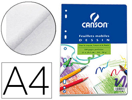 Feuillet mobile dessin canson a4 210x297mm papier blanc grain léger 100 pages perforées 90g coloris blanc