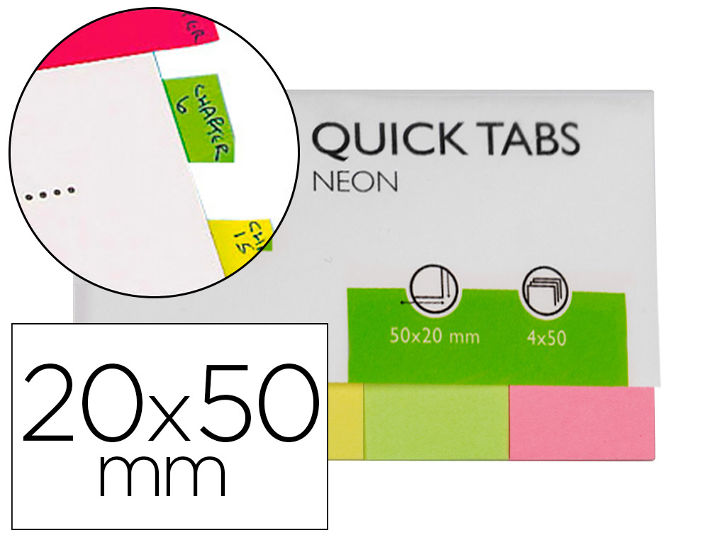 Marque-pages q-connect 20x50mm 200f repositionnable coloris fluorescents pochette 4 blocs 50f