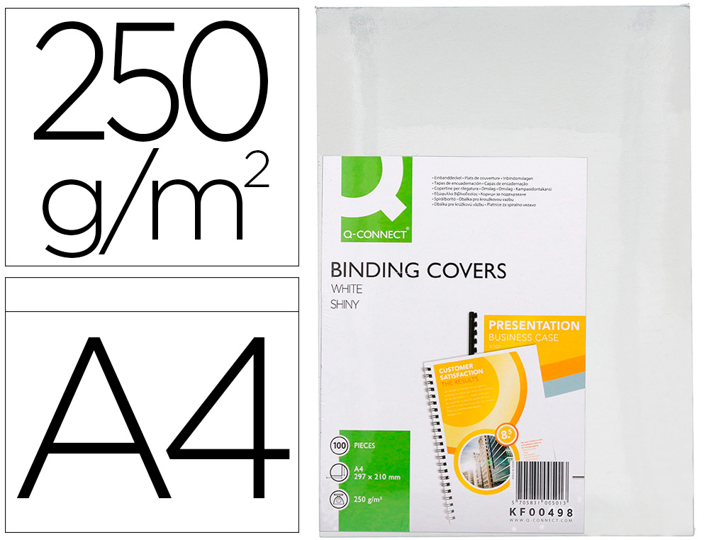 Couverture q-connect carton 250g grain cuir pour reliure format a4 coloris blanc brillant paquet 100 unités