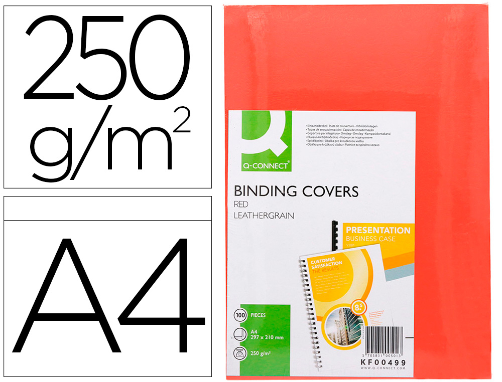Couverture q-connect carton 250g grain cuir pour reliure format a4 coloris rouge paquet 100 unités