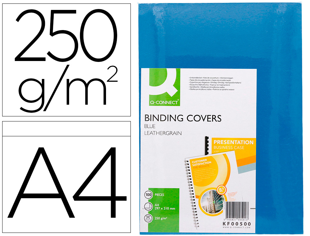 Couverture q-connect carton 250g grain cuir pour reliure format a4 coloris bleu paquet 100 unités