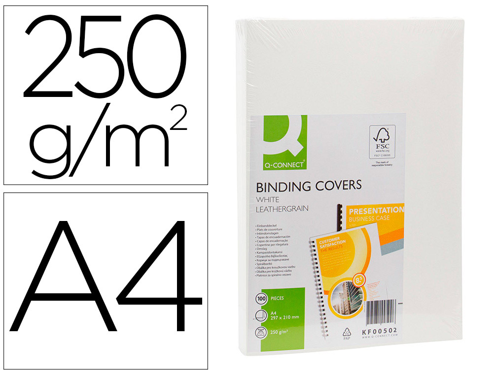 Couverture q-connect carton 250g grain cuir pour reliure format a4 coloris blanc paquet 100 unités