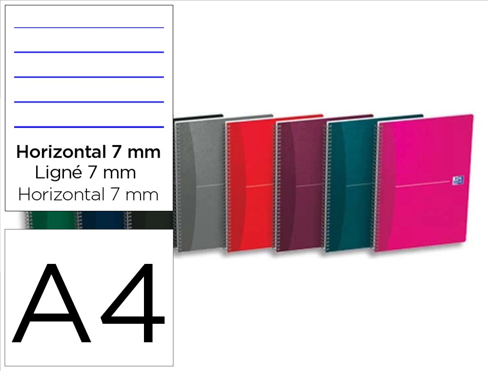Cahier spirale oxford essentials · a4 (21×29,7 cm) · 100 pages · ligne 7 mm · couverture carte souple · coloris assortis