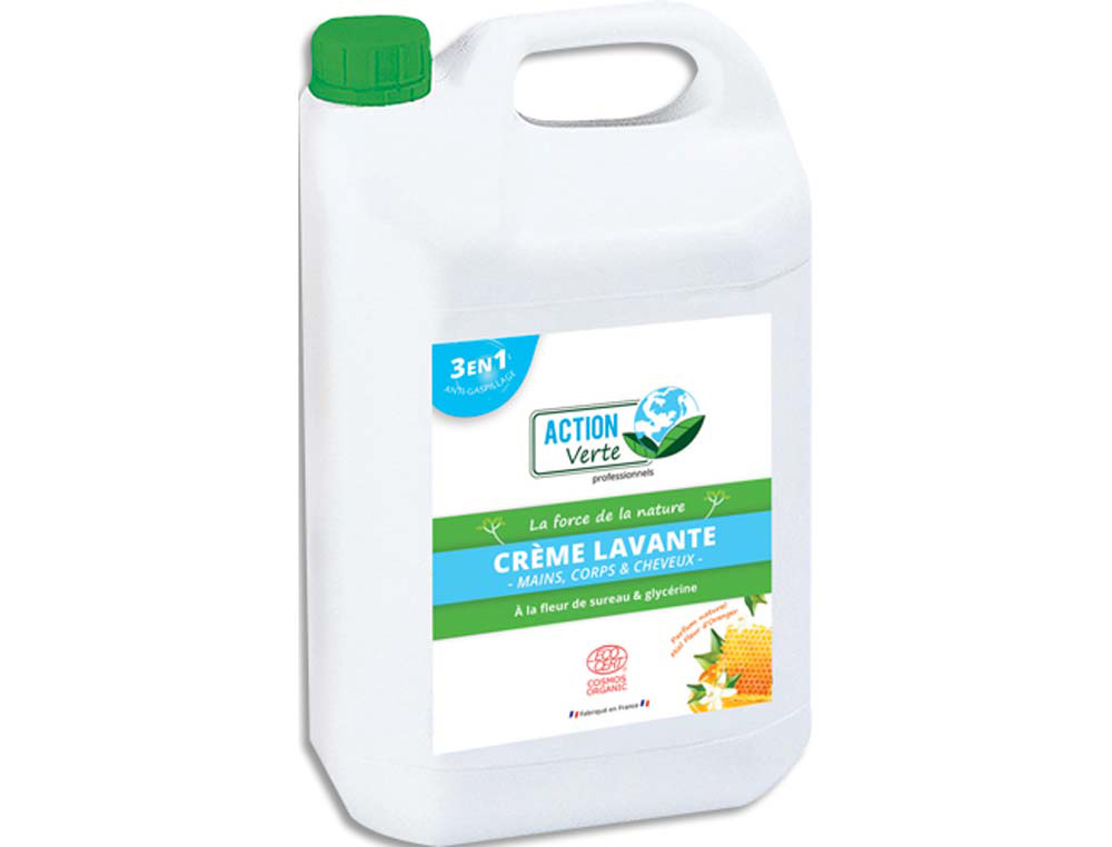 Gel lavant mains corps cheveux action verte ecolabel parfum miel fleur d oranger bidon 5 l