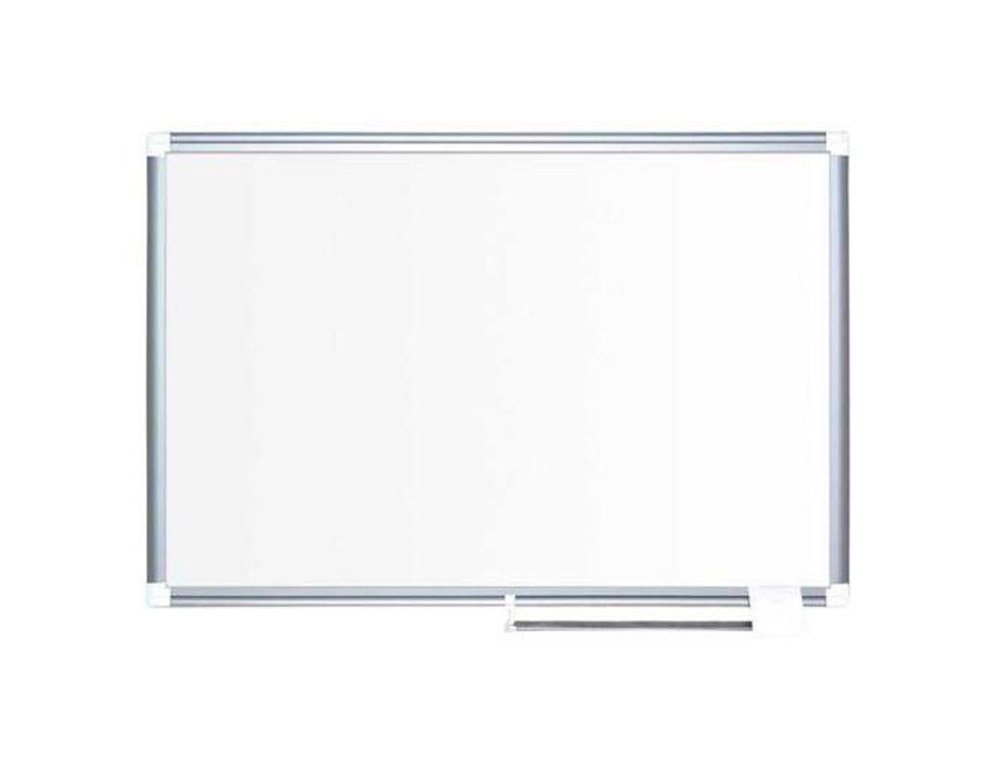 Tableau blanc bi office magnetique emaille cadre aluminium avec porte marqueur coulissant format 120 x 90 cm reference c